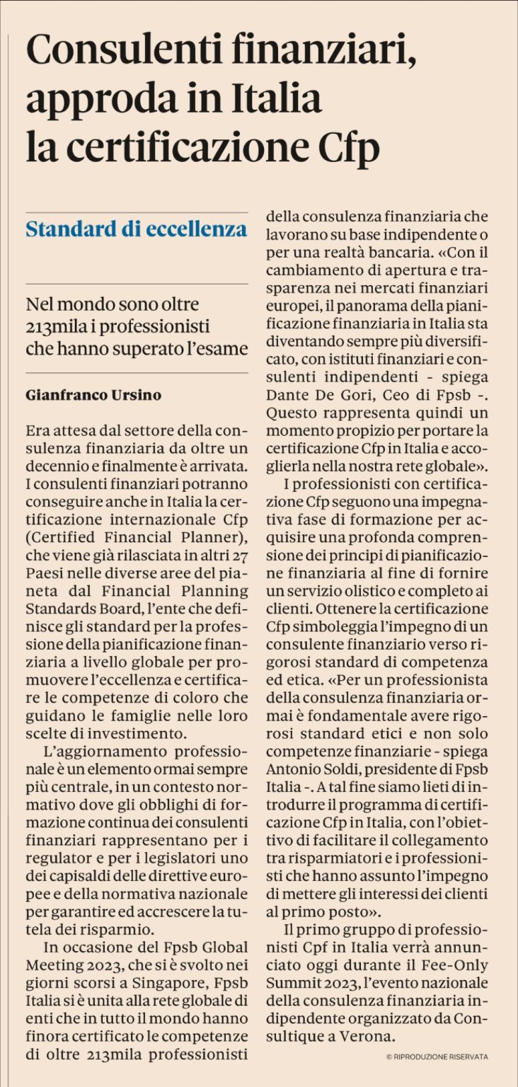 Consulenti finanziari, approda in Italia la certificazione CFP®